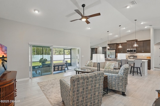 70 Esperanto Dr, Palm Coast, FL 32164 - living room with ceiling fan, recessed lighting, and high vaulted ceiling