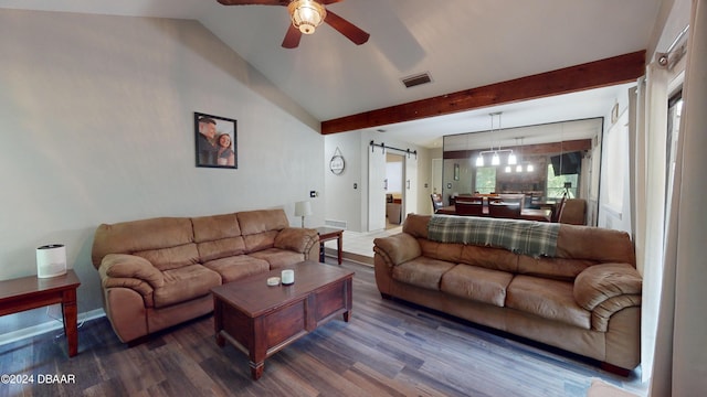 167 Fox Glen Ct, Ormond Beach, FL 32174 - living room with dark hardwood / wood-style flooring, a barn door, ceiling fan, and vaulted ceiling