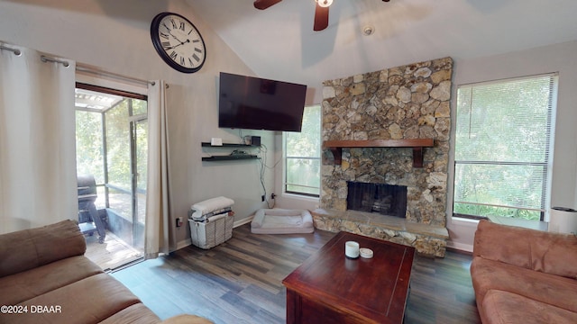 167 Fox Glen Ct, Ormond Beach, FL 32174 - living room with a fireplace, dark hardwood / wood-style floors, ceiling fan, and high vaulted ceiling