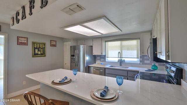 kitchen with stainless steel appliances, a peninsula, a sink, visible vents, and backsplash