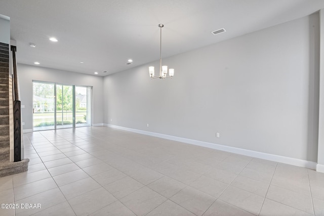 136 Longridge Ln, Ormond Beach, FL 32174 - unfurnished room featuring stairs, a chandelier, recessed lighting, light tile patterned flooring, and baseboards