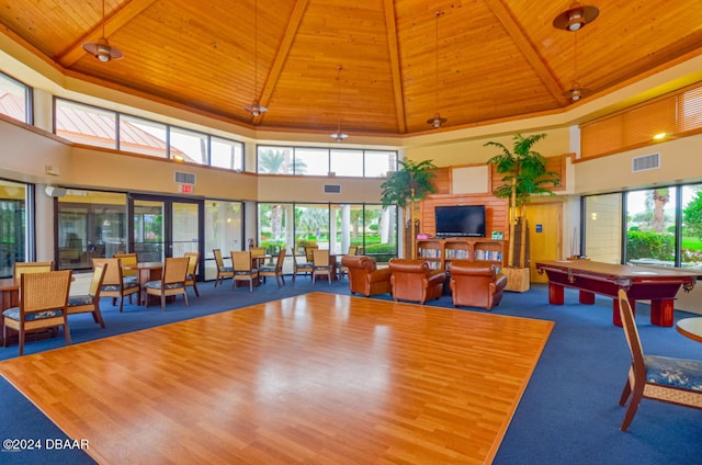 rec room featuring pool table, wood ceiling, beamed ceiling, and a high ceiling