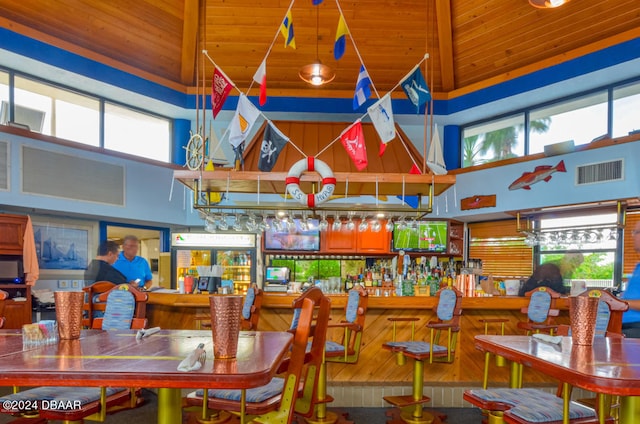 interior space with bar, high vaulted ceiling, and wooden ceiling