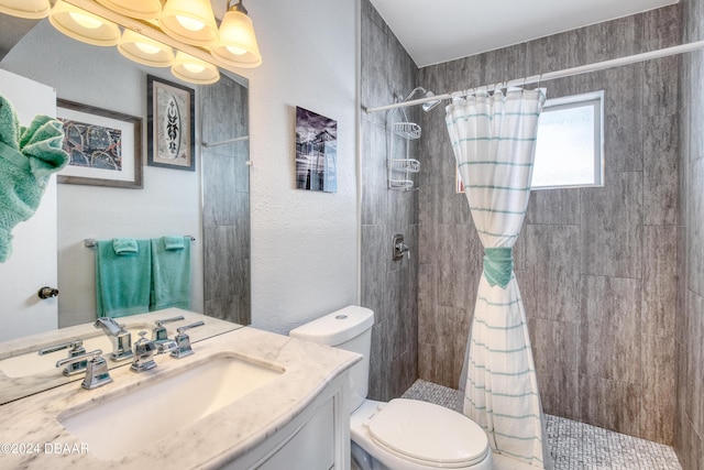 bathroom with vanity, curtained shower, and toilet