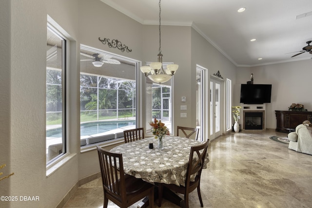 3 Indian Springs Dr, Ormond Beach, FL 32174 - dining area featuring ceiling fan, ornamental molding, recessed lighting, and a chandelier
