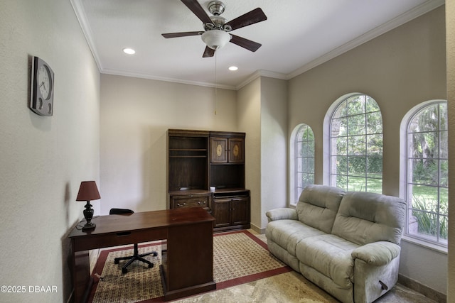 3 Indian Springs Dr, Ormond Beach, FL 32174 - home office featuring ceiling fan, crown molding, and recessed lighting