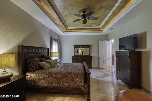 3 Indian Springs Dr, Ormond Beach, FL 32174 - bedroom with a raised ceiling, ornamental molding, and ceiling fan