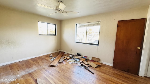 interior space featuring ceiling fan, baseboards, and wood finished floors