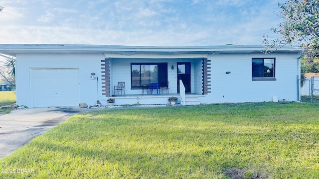 single story home featuring driveway, a porch, an attached garage, fence, and a front lawn