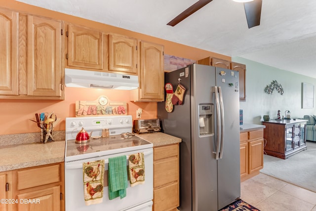 kitchen featuring light brown cabinetry, light tile patterned flooring, white electric range oven, and stainless steel refrigerator with ice dispenser