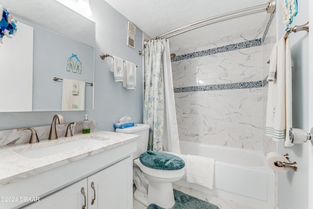 full bathroom with vanity, shower / bath combination with curtain, and toilet