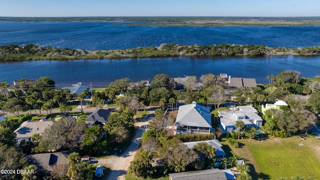 drone / aerial view featuring a water view