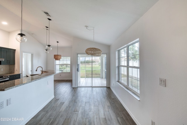 kitchen with lofted ceiling, dark hardwood / wood-style floors, decorative light fixtures, and light stone countertops