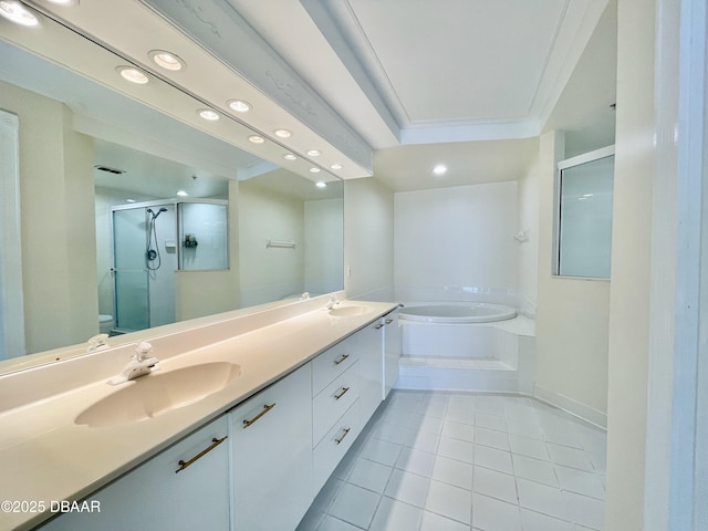 full bathroom featuring shower with separate bathtub, tile patterned flooring, vanity, toilet, and crown molding