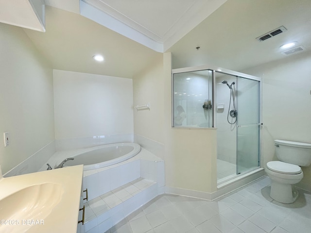 full bathroom with plus walk in shower, tile patterned flooring, vanity, toilet, and crown molding