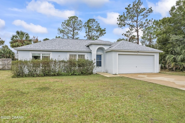 ranch-style house with a garage and a front yard