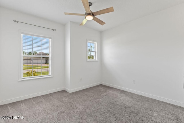 carpeted empty room with ceiling fan and a wealth of natural light