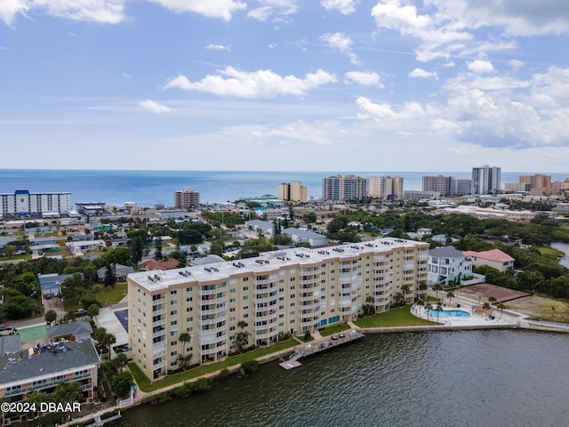 drone / aerial view with a water view