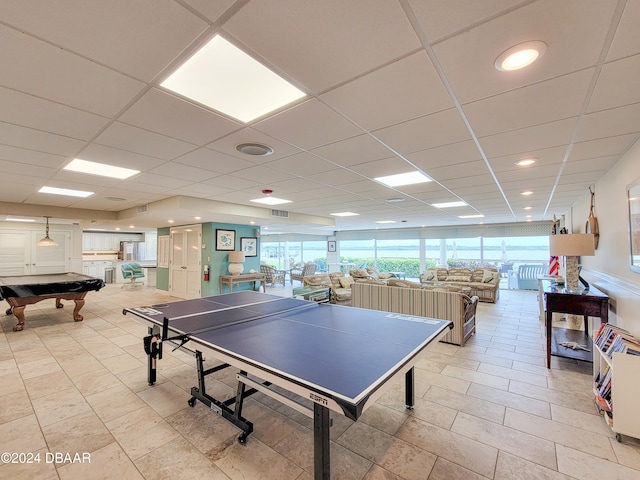 rec room featuring billiards and a drop ceiling