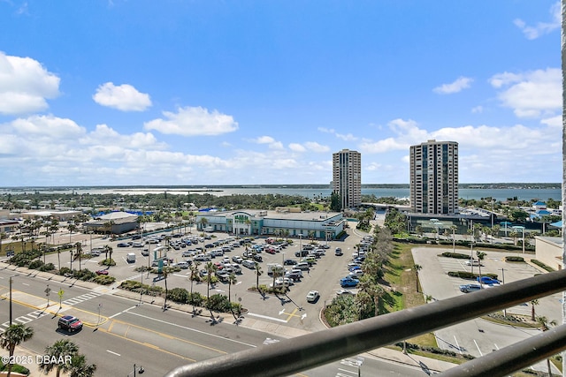 bird's eye view with a water view