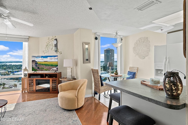 interior space featuring floor to ceiling windows, plenty of natural light, a textured ceiling, and light wood-type flooring