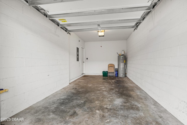 garage featuring electric panel, electric water heater, and a garage door opener