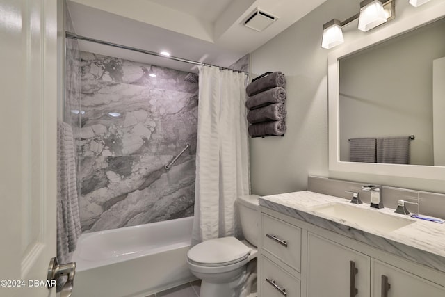 full bathroom with vanity, toilet, and shower / bathtub combination with curtain