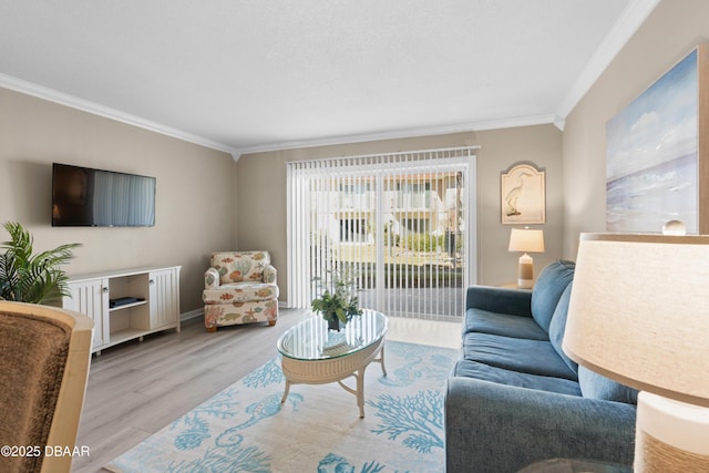 living room featuring crown molding and light hardwood / wood-style flooring