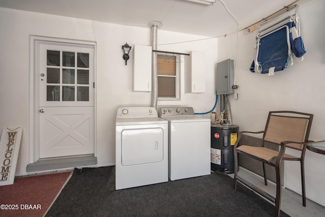 clothes washing area featuring electric water heater, washer and clothes dryer, dark carpet, and electric panel