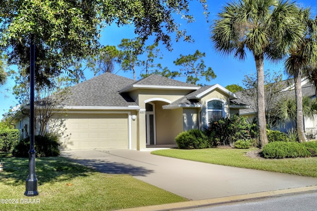 view of front of property with a front lawn and a garage