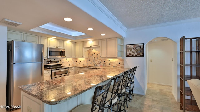 2987 S Atlantic Ave Unit 506, Daytona Beach, FL 32118 - kitchen with appliances with stainless steel finishes, a sink, a peninsula, ornamental molding, and stone counters