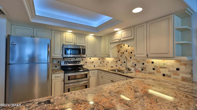 kitchen with appliances with stainless steel finishes, sink, light stone counters, and a raised ceiling