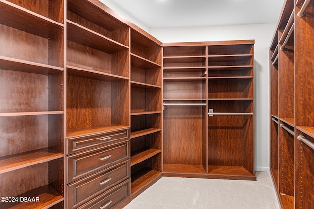 walk in closet featuring light colored carpet