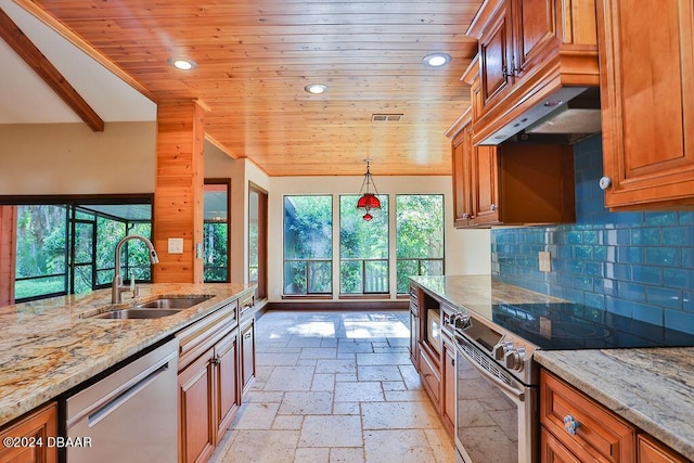 121 Willow Bend Ln, Ormond Beach, FL 32174 - kitchen featuring stainless steel appliances, a sink, brown cabinetry, wooden ceiling, and light stone countertops