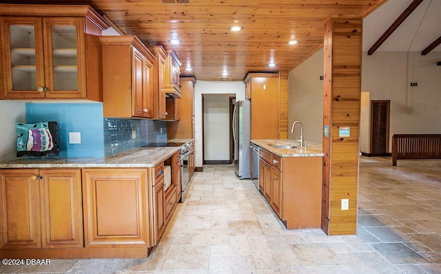 kitchen with stainless steel appliances, wood ceiling, sink, and light stone counters