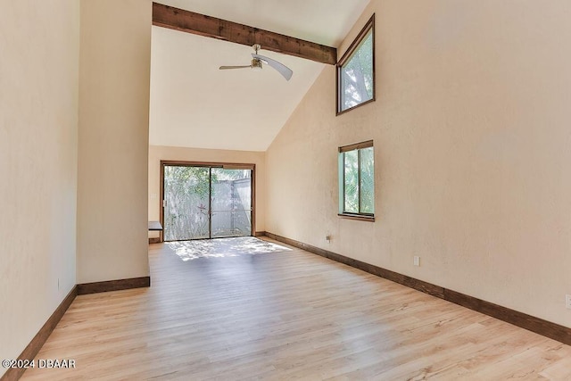 121 Willow Bend Ln, Ormond Beach, FL 32174 - unfurnished room featuring high vaulted ceiling, beam ceiling, a ceiling fan, wood finished floors, and baseboards