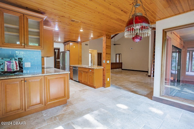 kitchen with stainless steel appliances, wood ceiling, decorative backsplash, sink, and decorative light fixtures