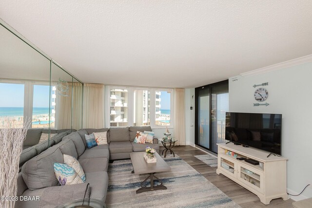 living area with a textured ceiling, a water view, and wood finished floors