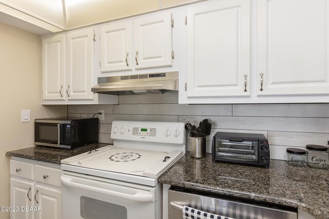 kitchen featuring decorative backsplash, white electric range oven, white cabinets, and under cabinet range hood