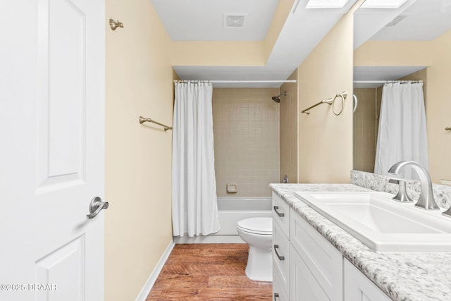 full bathroom with shower / bath combination with curtain, vanity, toilet, and wood-type flooring