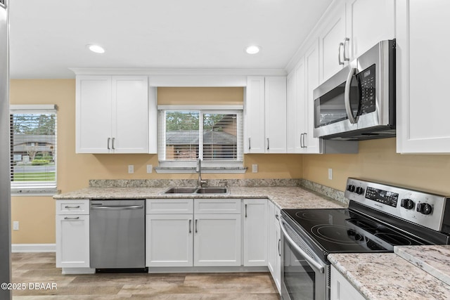 kitchen with white cabinetry, appliances with stainless steel finishes, light stone countertops, and sink