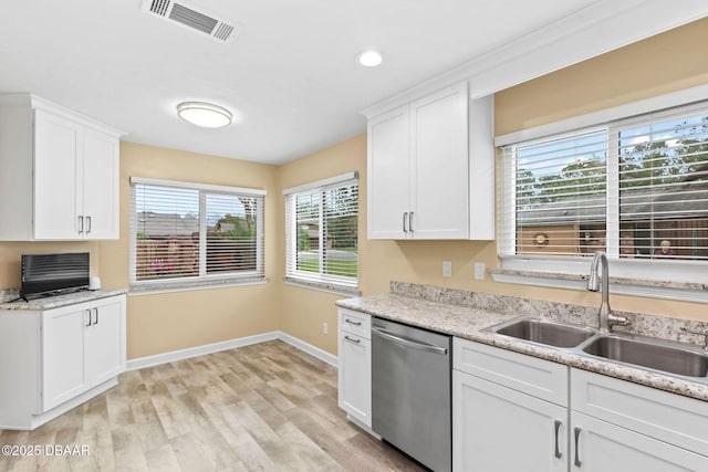 kitchen featuring light wood-type flooring, stainless steel dishwasher, sink, and white cabinets