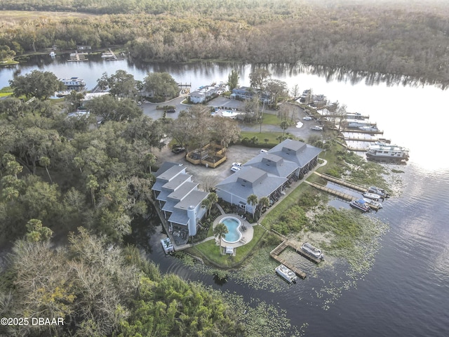 drone / aerial view with a water view