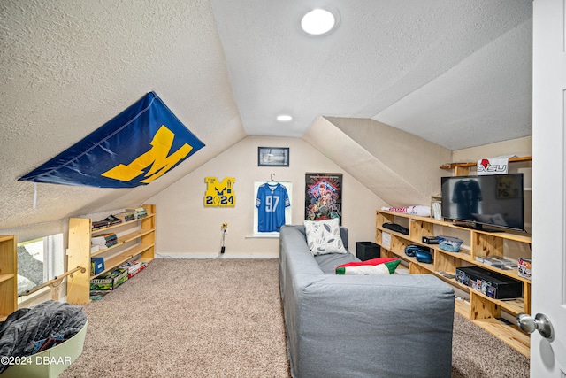 playroom featuring lofted ceiling, a textured ceiling, and carpet