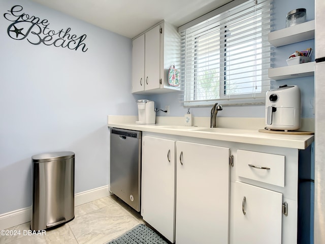 kitchen with white cabinets, sink, and dishwasher