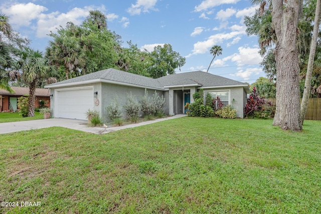 ranch-style home with a garage and a front lawn