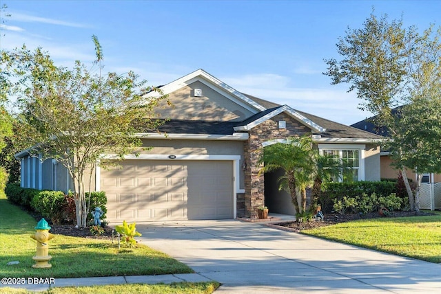 view of front of property featuring stone siding, stucco siding, concrete driveway, and a front lawn