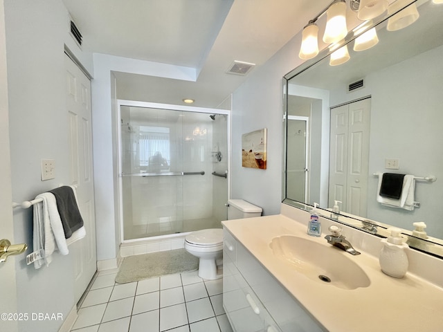 bathroom with toilet, a chandelier, walk in shower, tile patterned flooring, and vanity