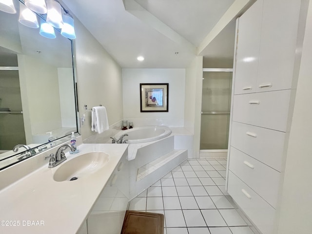 bathroom featuring tile patterned floors, vanity, and independent shower and bath