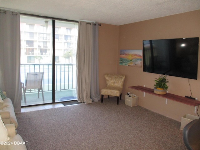 living room featuring carpet floors and a textured ceiling